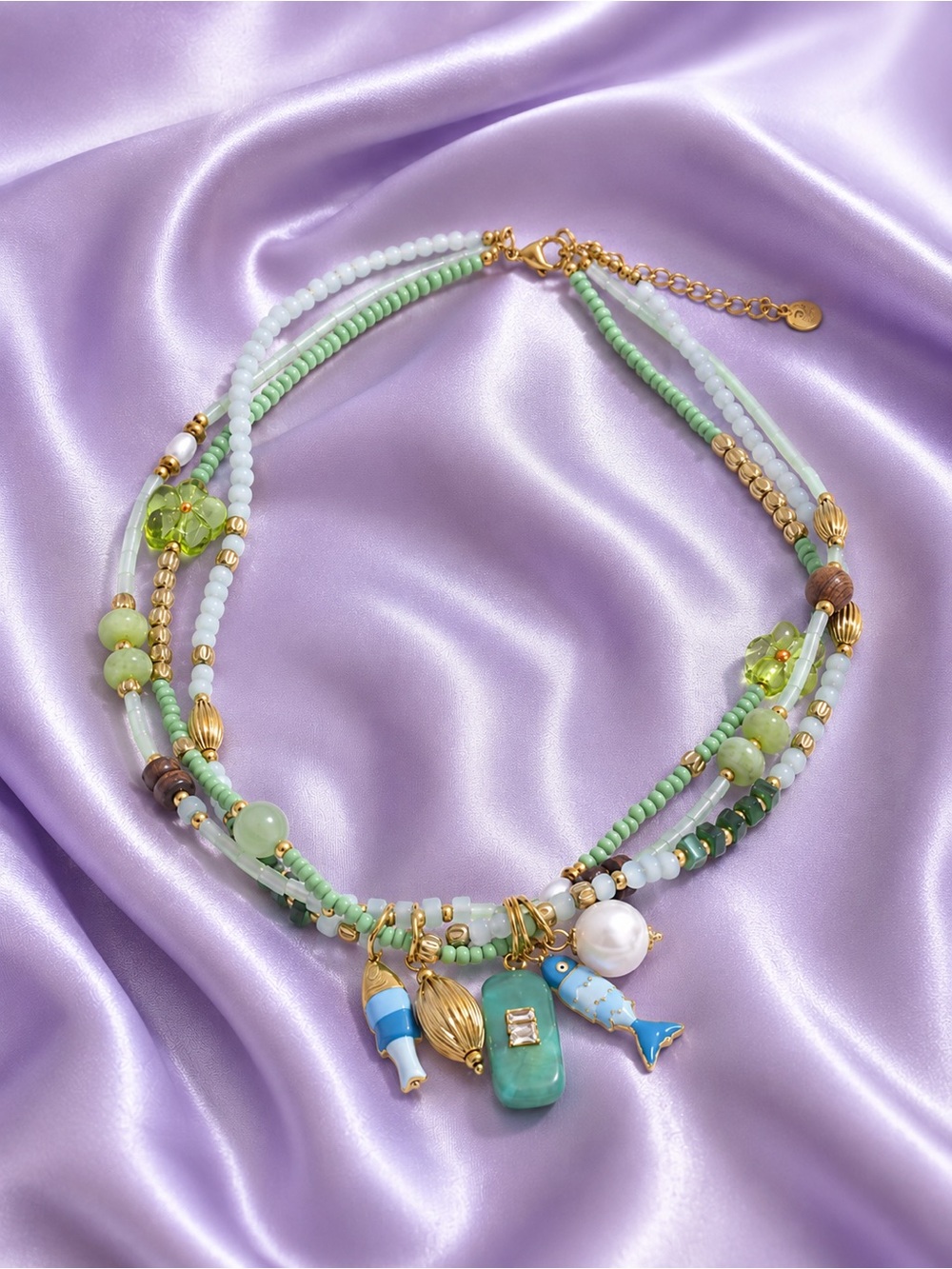 Seafoam Treasure Mint Beaded Charm Necklace - Picture 5 of 16